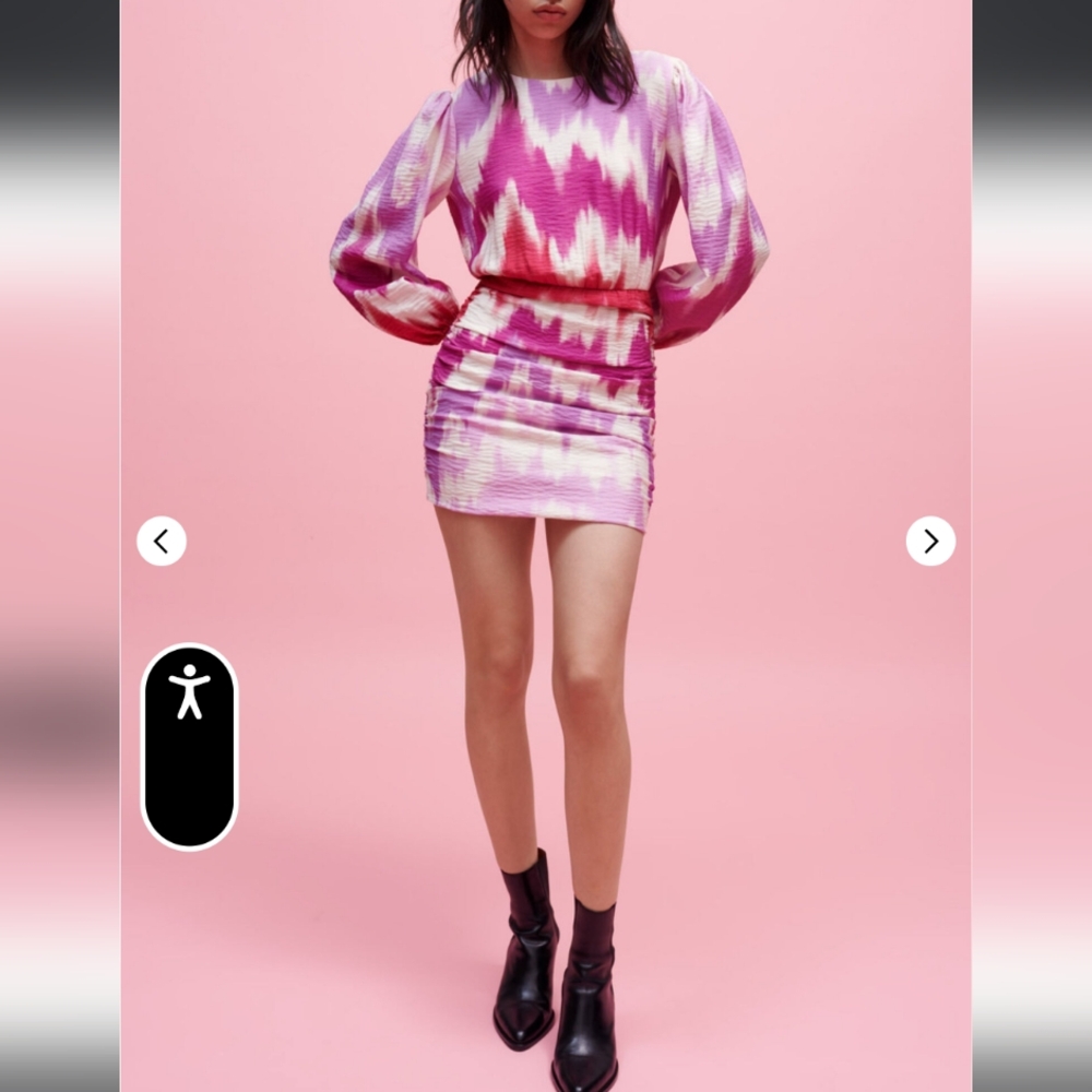 Maje Pink and White Bodycon Dress with Bishop Sleeves